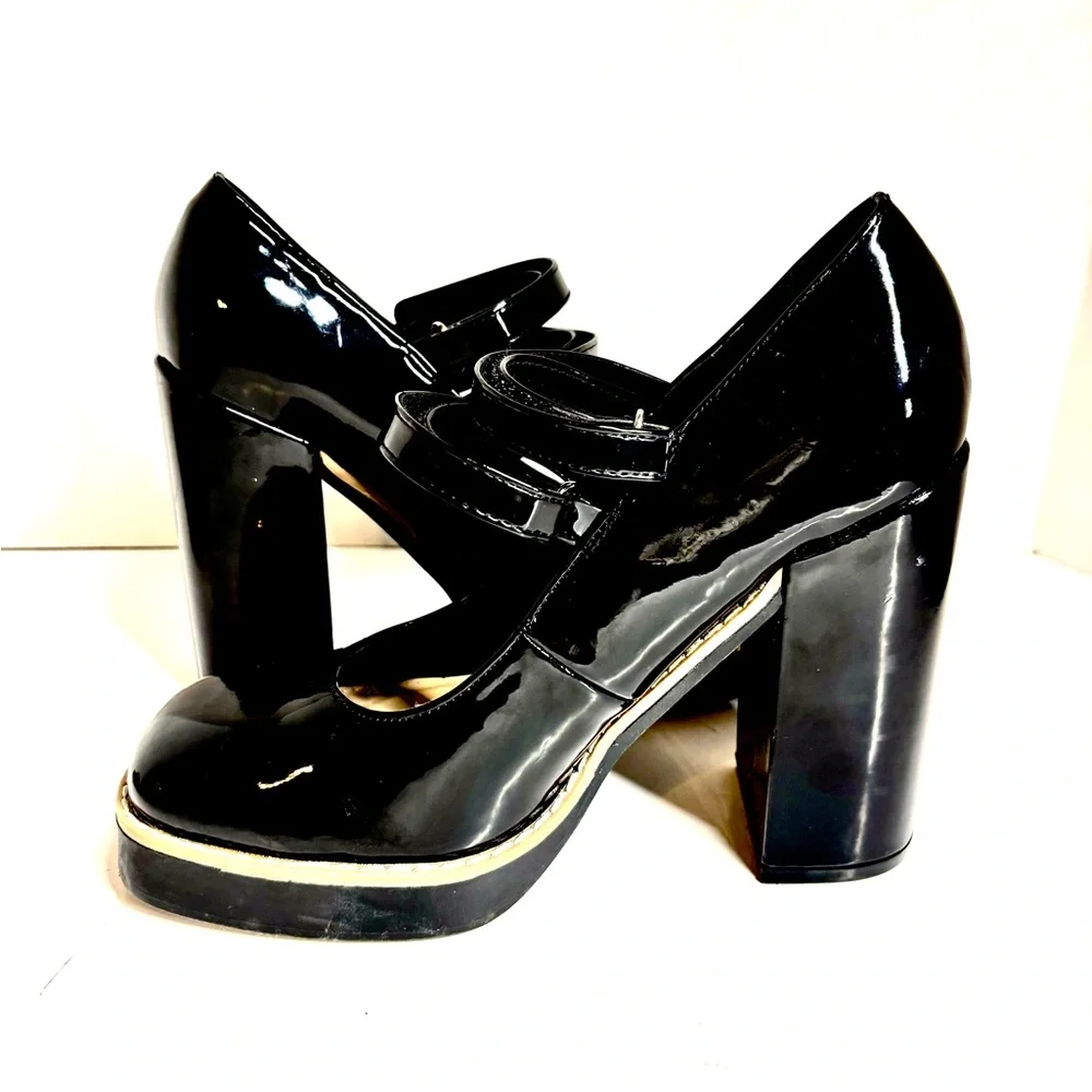 STEVE MADDEN Platform Twice Patent Black Mary Jane Squared Heel Shoes Size 8 - Picture 7 of 10